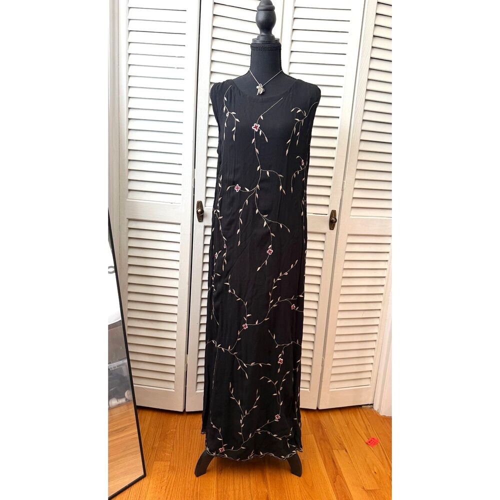 Vtg 90s Whimsigoth Fairy Grunge Black Sleeveless Floral Embroidered Maxi Dress M